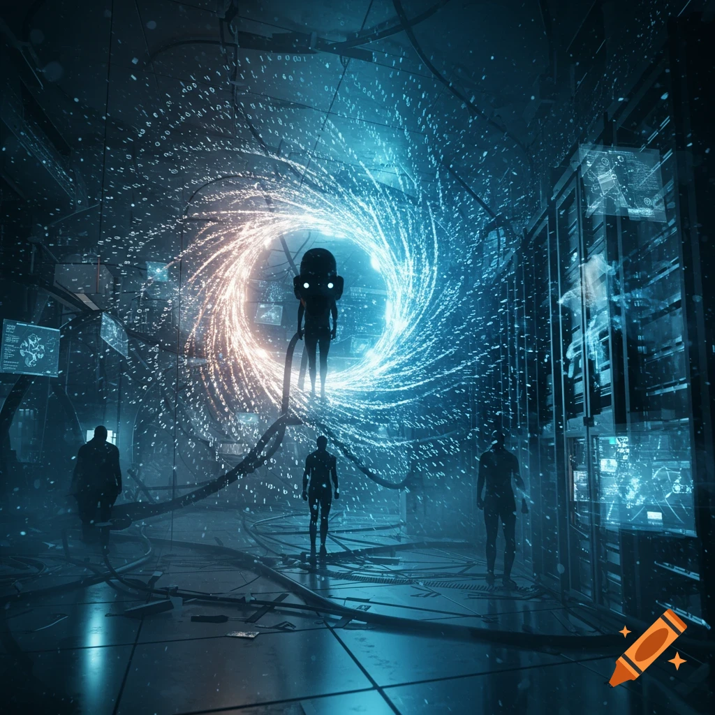 A dark, futuristic scene shows three abstract humanoids observing a swirling blue and orange data portal in a server room.