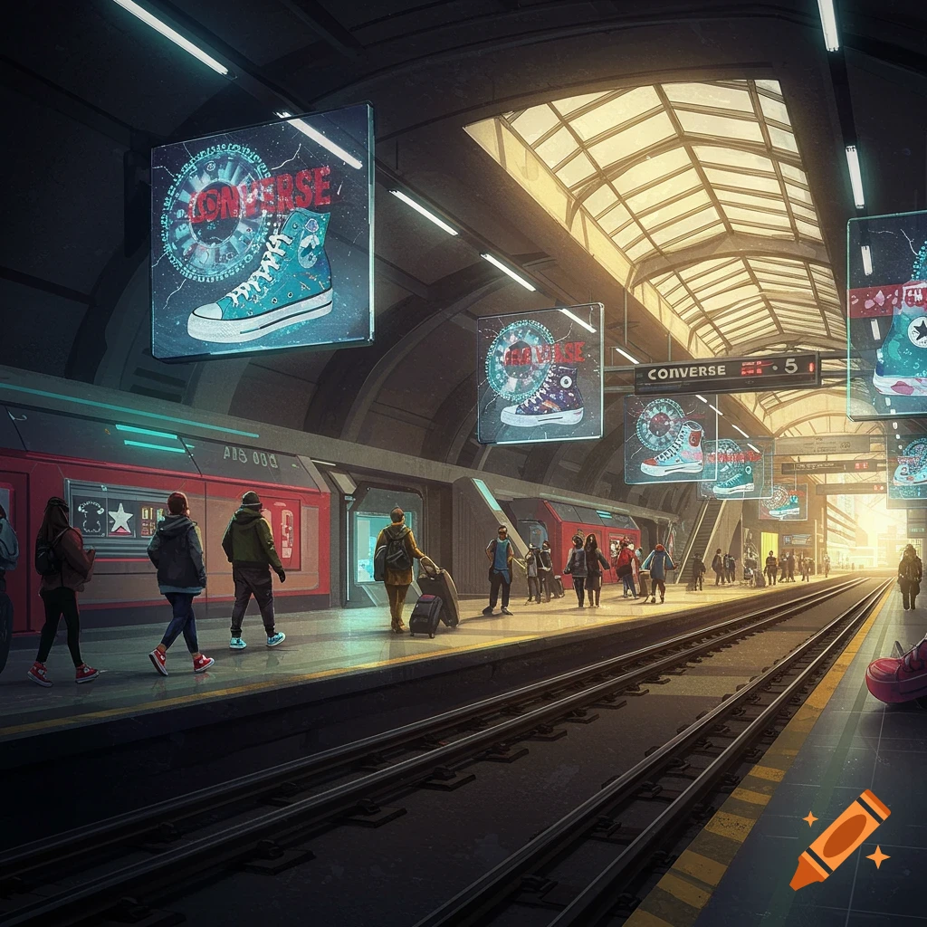 A stylized futuristic train station with people on the platform and large neon advertisements for Converse shoes hanging overhead.