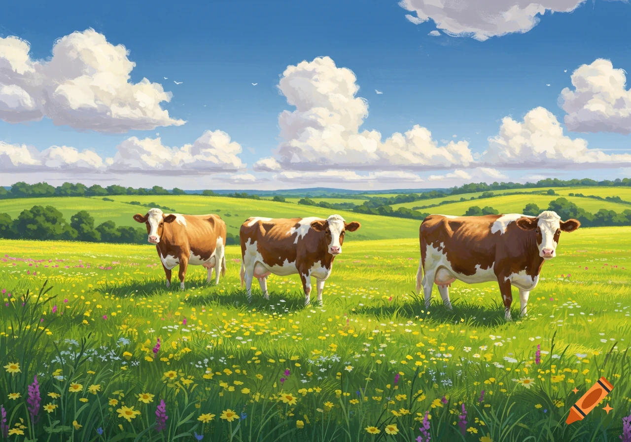 Three brown and white cows graze in a lush green meadow filled with colorful wildflowers under a bright blue sky with white clouds, in a painterly style.