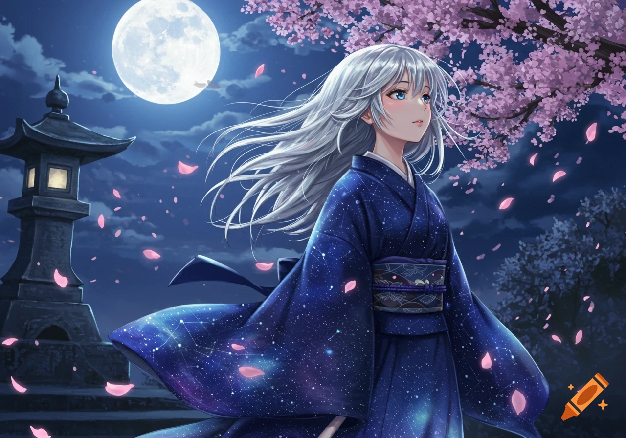 Anime girl with silver hair and blue eyes in a starry blue kimono, under a full moon with falling pink cherry blossoms and a stone lantern.