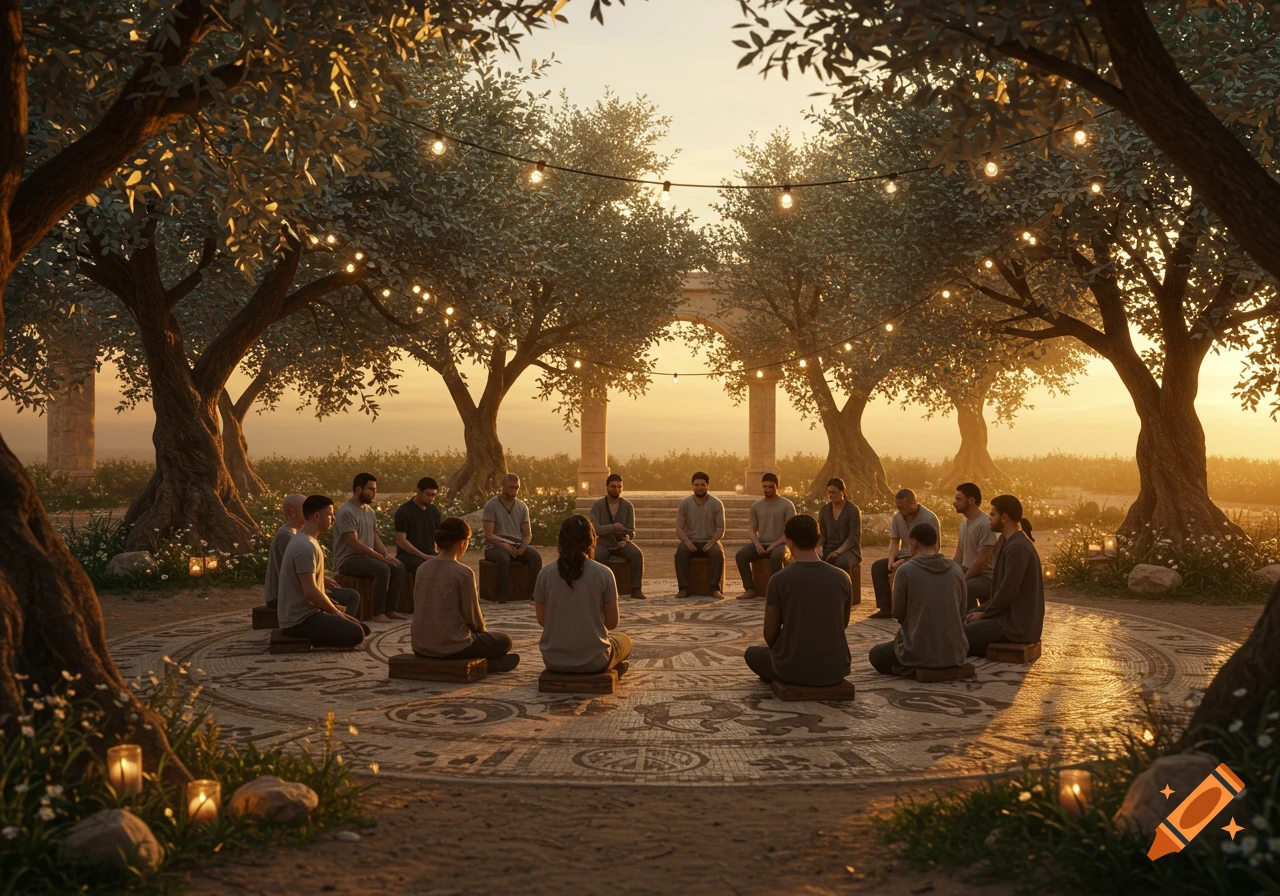 A group of people sit in a circle outdoors on a patterned ground under olive trees with string lights at sunset, photorealistic.