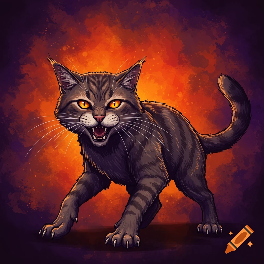 An angry, snarling tabby cat with glowing orange eyes in a stylized drawing against a fiery orange and purple watercolor background.