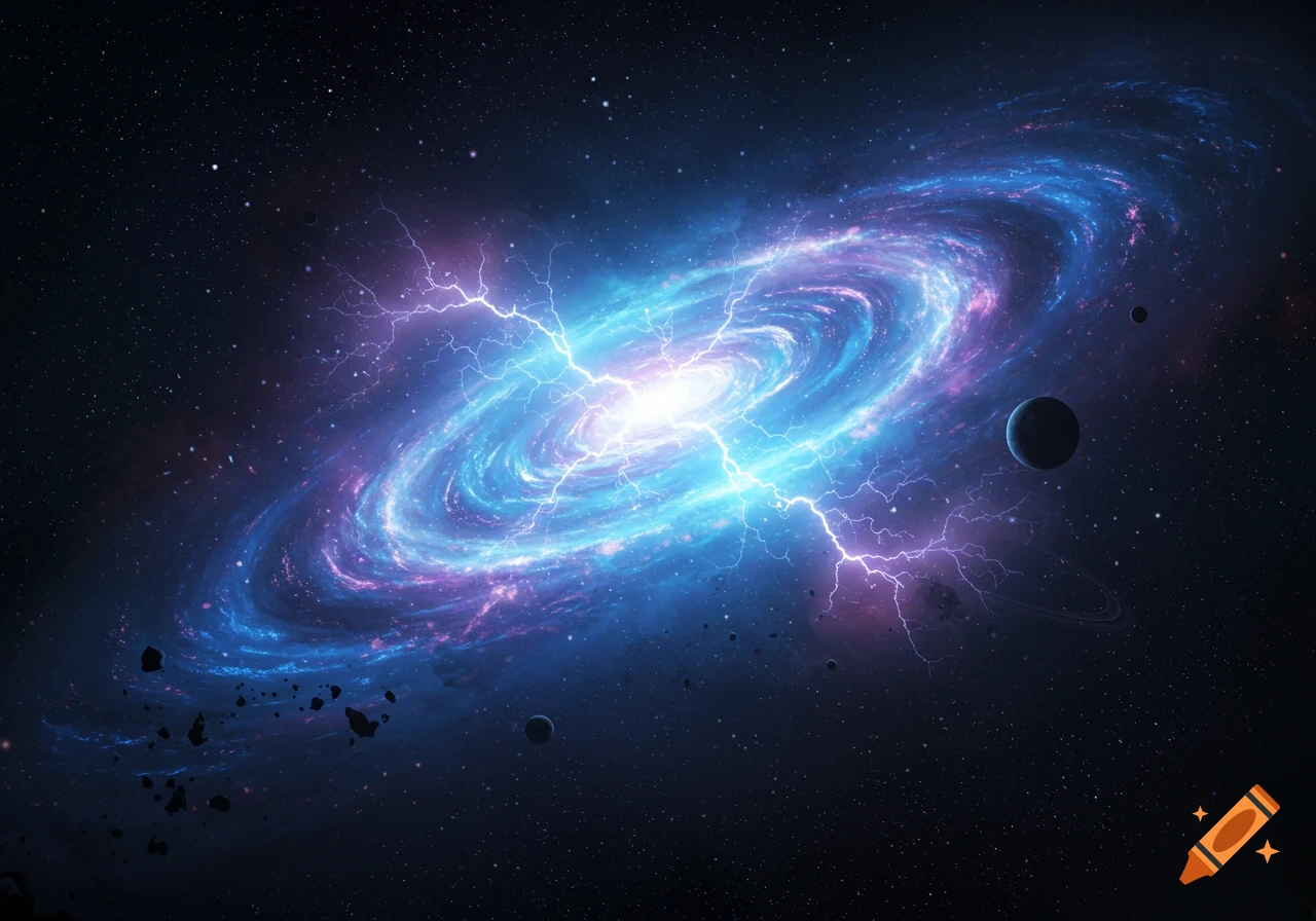 A vibrant blue and purple spiral galaxy with bright lightning bolts emanating from its center, surrounded by planets, asteroids, and stars in a deep space background.