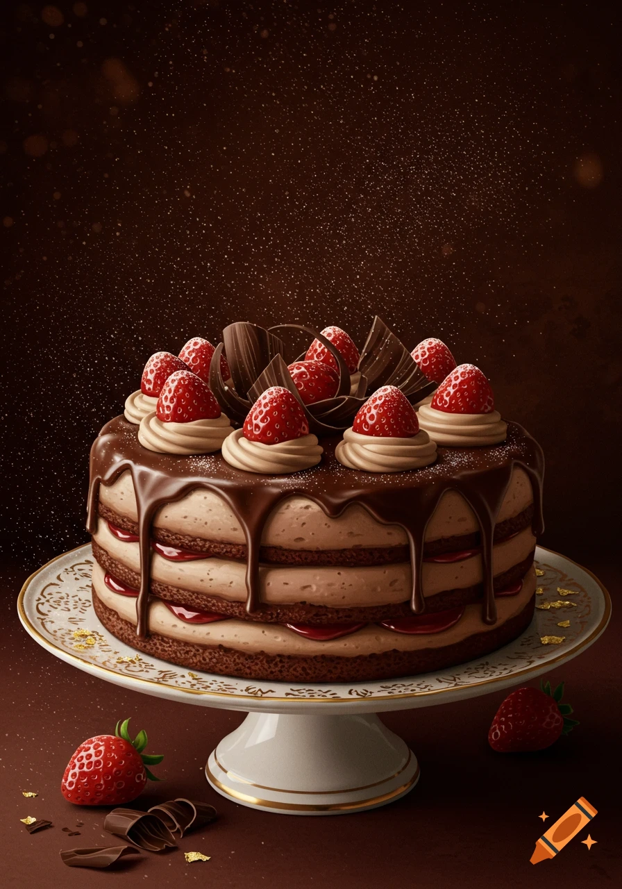 A rich chocolate layer cake adorned with strawberries, whipped cream, and chocolate drizzles, on an ornate white cake stand.