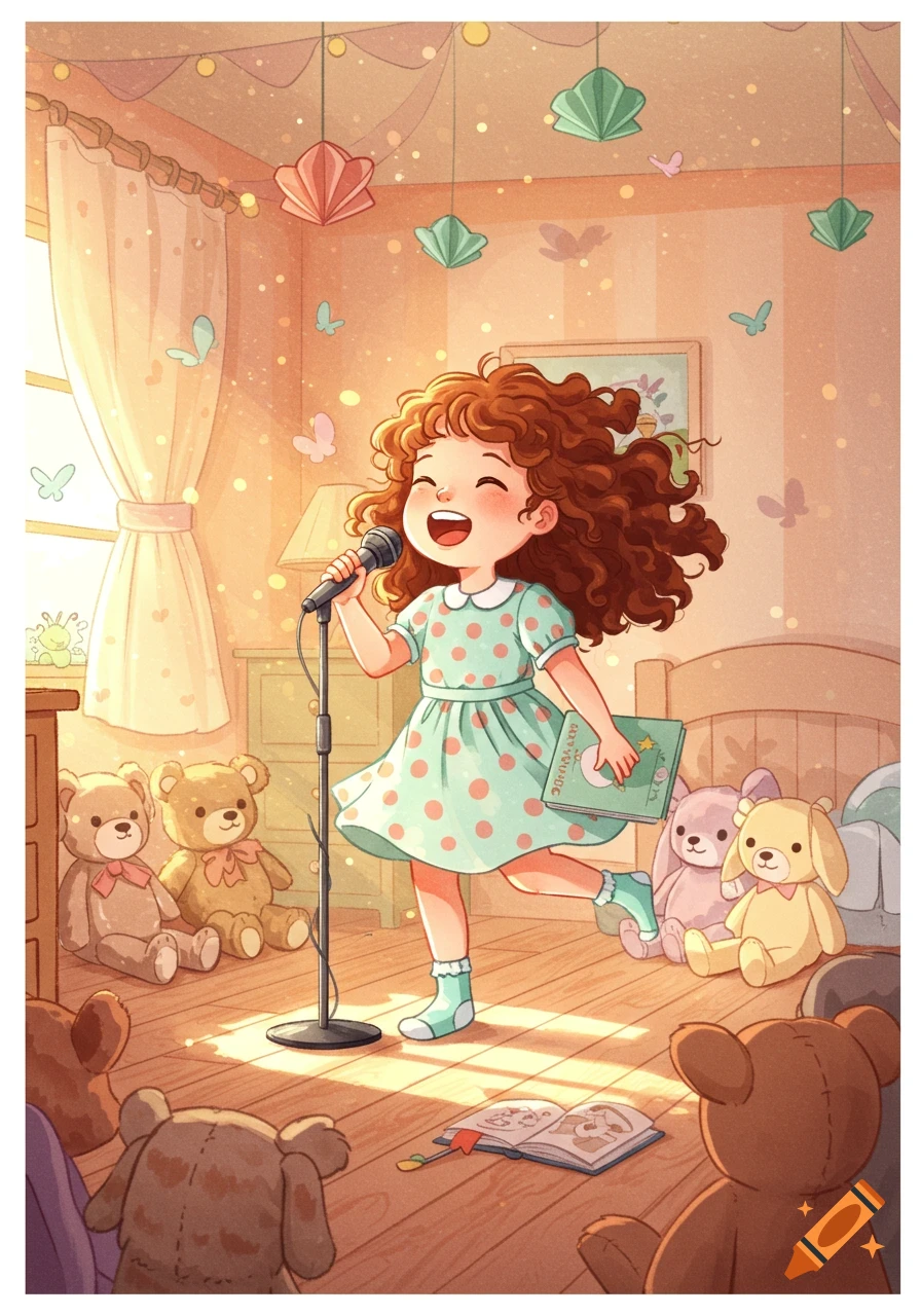 A cartoon girl with curly red hair sings into a microphone in her sunlit room, holding a book, surrounded by teddy bears and other stuffed animals.