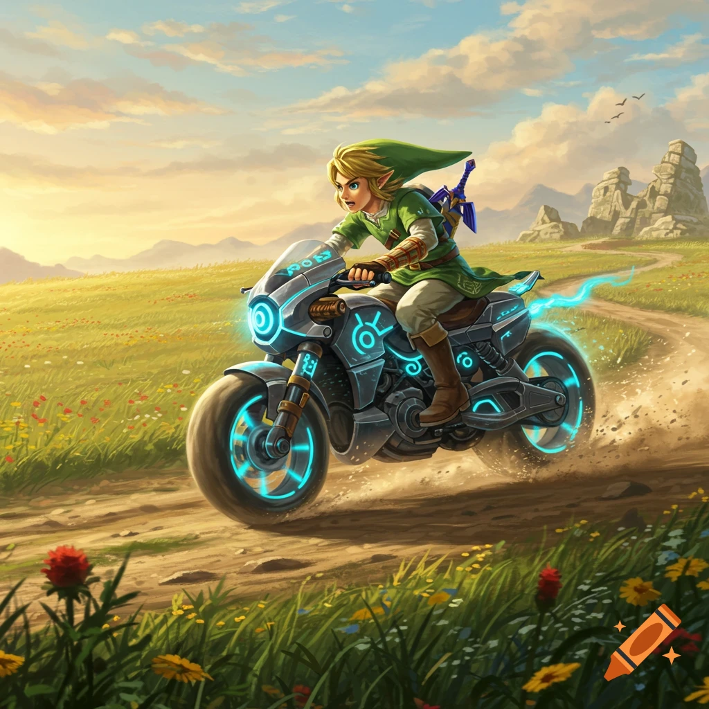 Link rides a futuristic glowing motorcycle on a dirt path through a grassy field with mountains at sunset, digital painting.