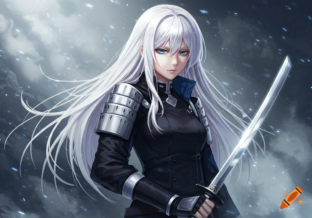 Anime woman with long white hair and blue eyes, wearing a dark uniform with silver armor, holding a katana.