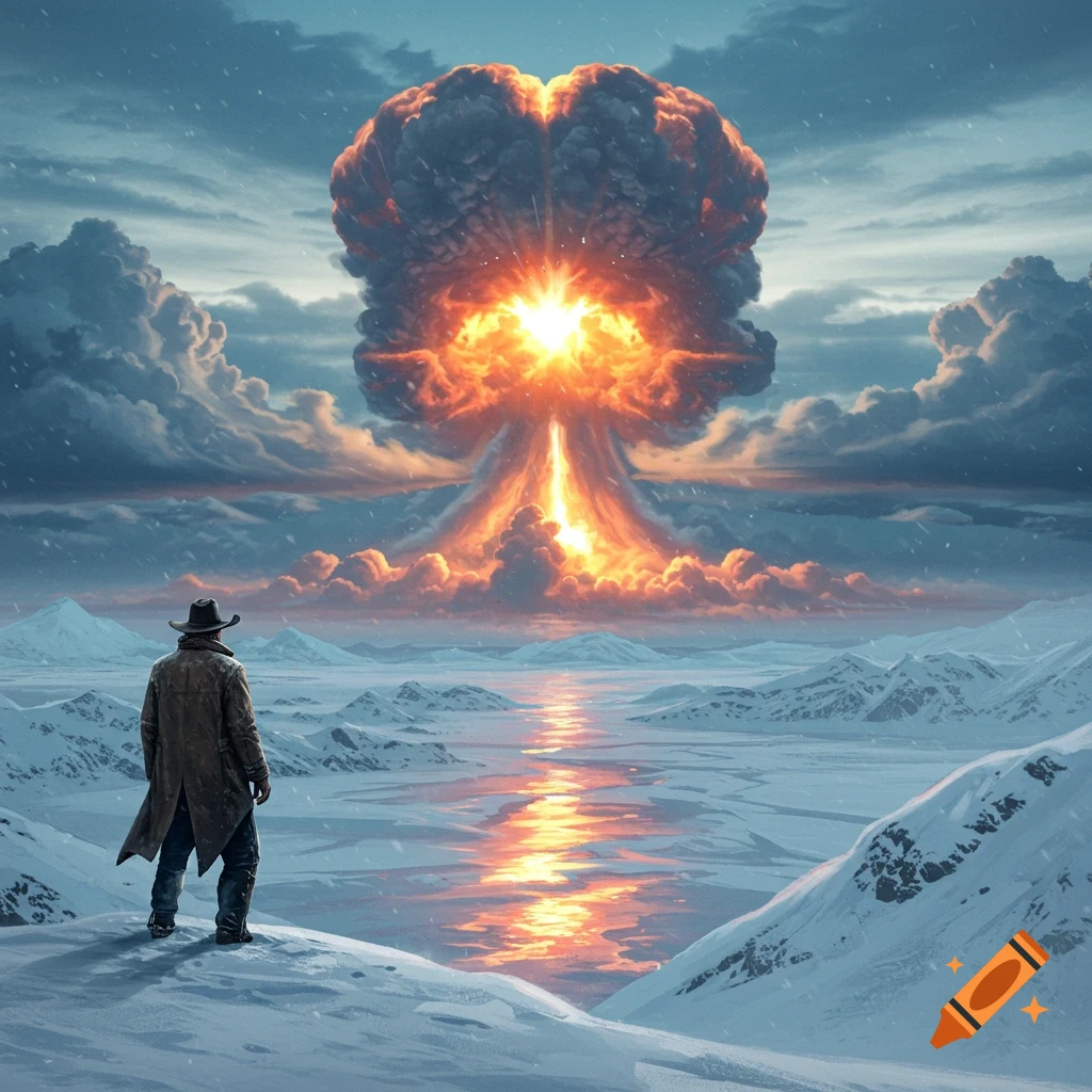 A cowboy stands on a snowy peak overlooking a frozen landscape, watching a massive mushroom cloud rise into the sky.