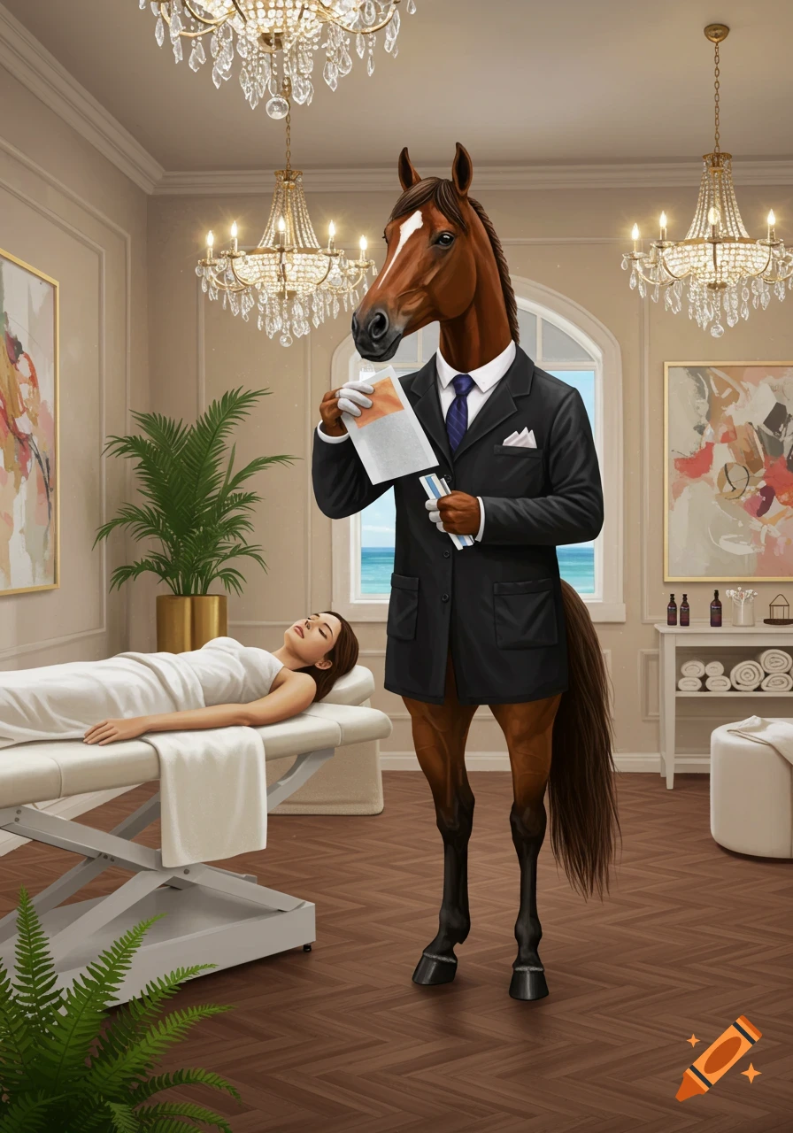 A horse-headed man in a suit and white gloves holds a waxing strip near a woman lying on a spa bed in a luxurious room.