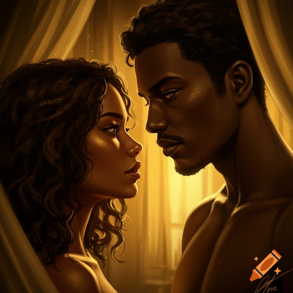 A man and a woman in warm golden light, looking at each other intimately in a digital art style.