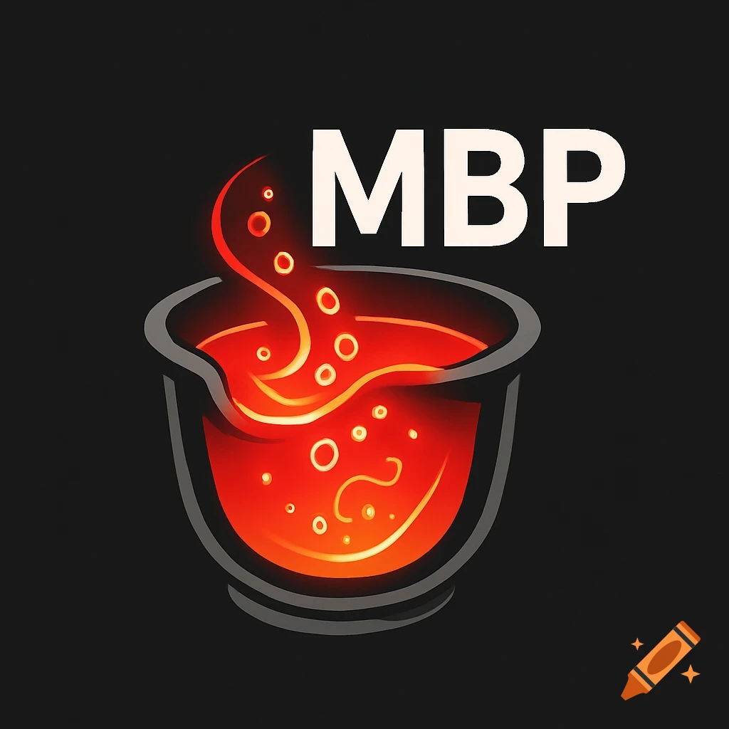 A modern logo featuring a black crucible with glowing red liquid bubbling inside, and the white letters 'MBP' above it on a black background.