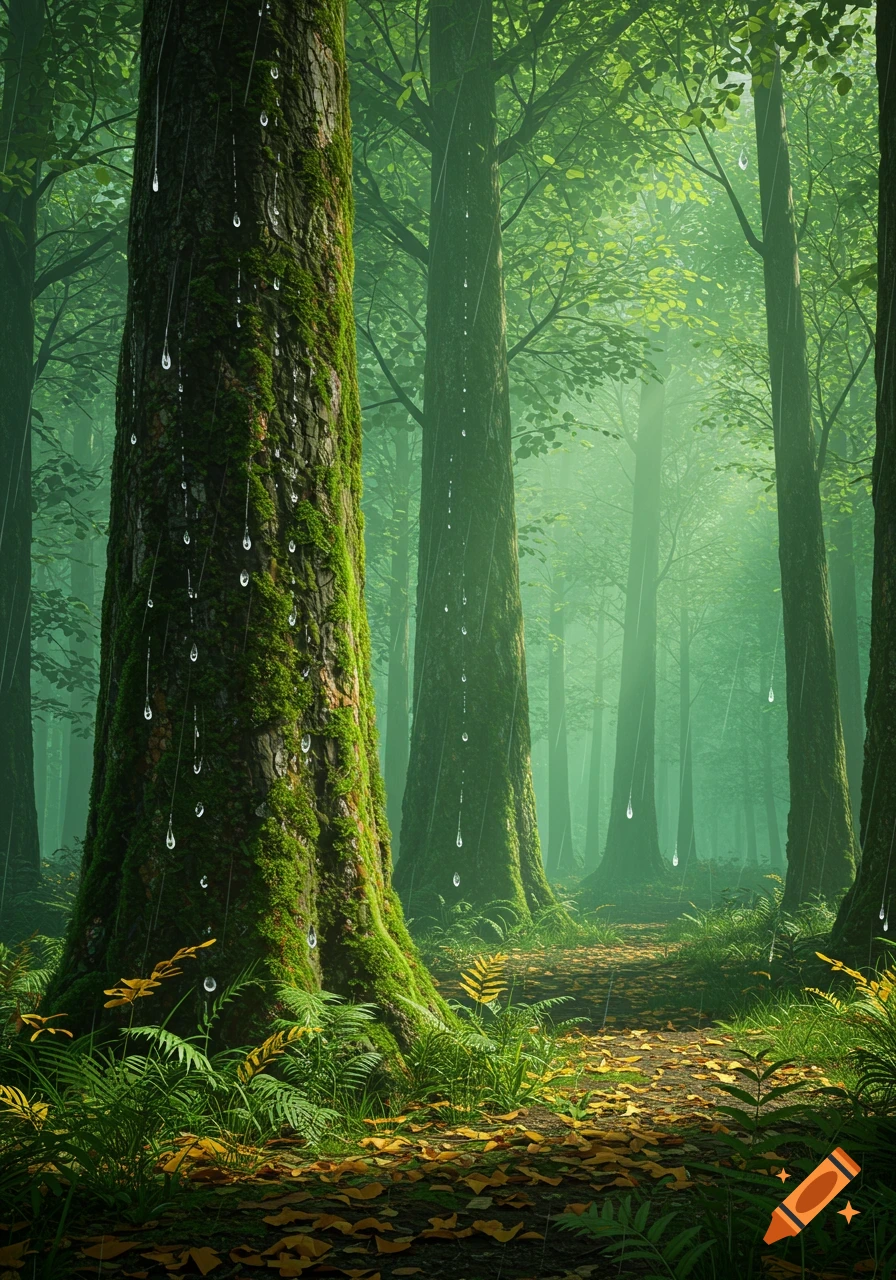 A photorealistic misty green forest with rain falling, water droplets on mossy tree trunks, and a leaf-strewn path.