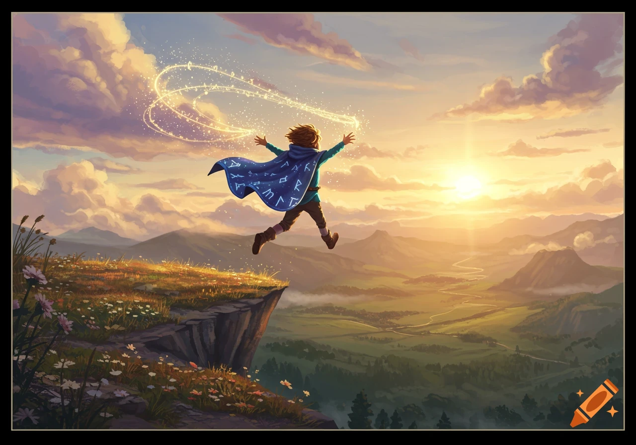A magical kid in a blue cape with runes jumps off a cliff, casting glowing magic against a vibrant sunset over mountains.