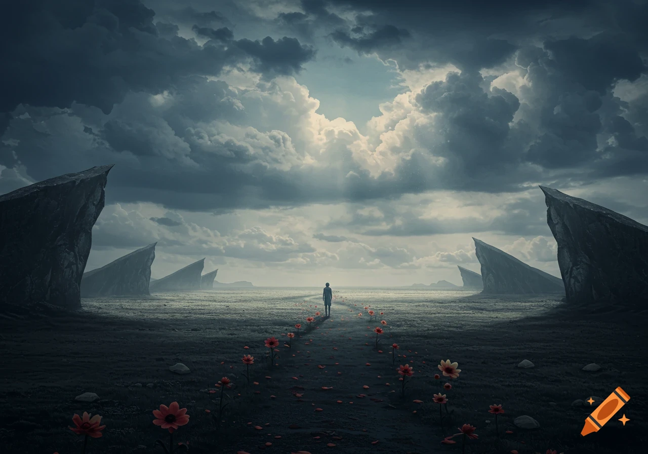 A lone figure walks on a path of red flowers and petals towards a bright light under a dramatic, cloudy sky, flanked by jagged rock formations.