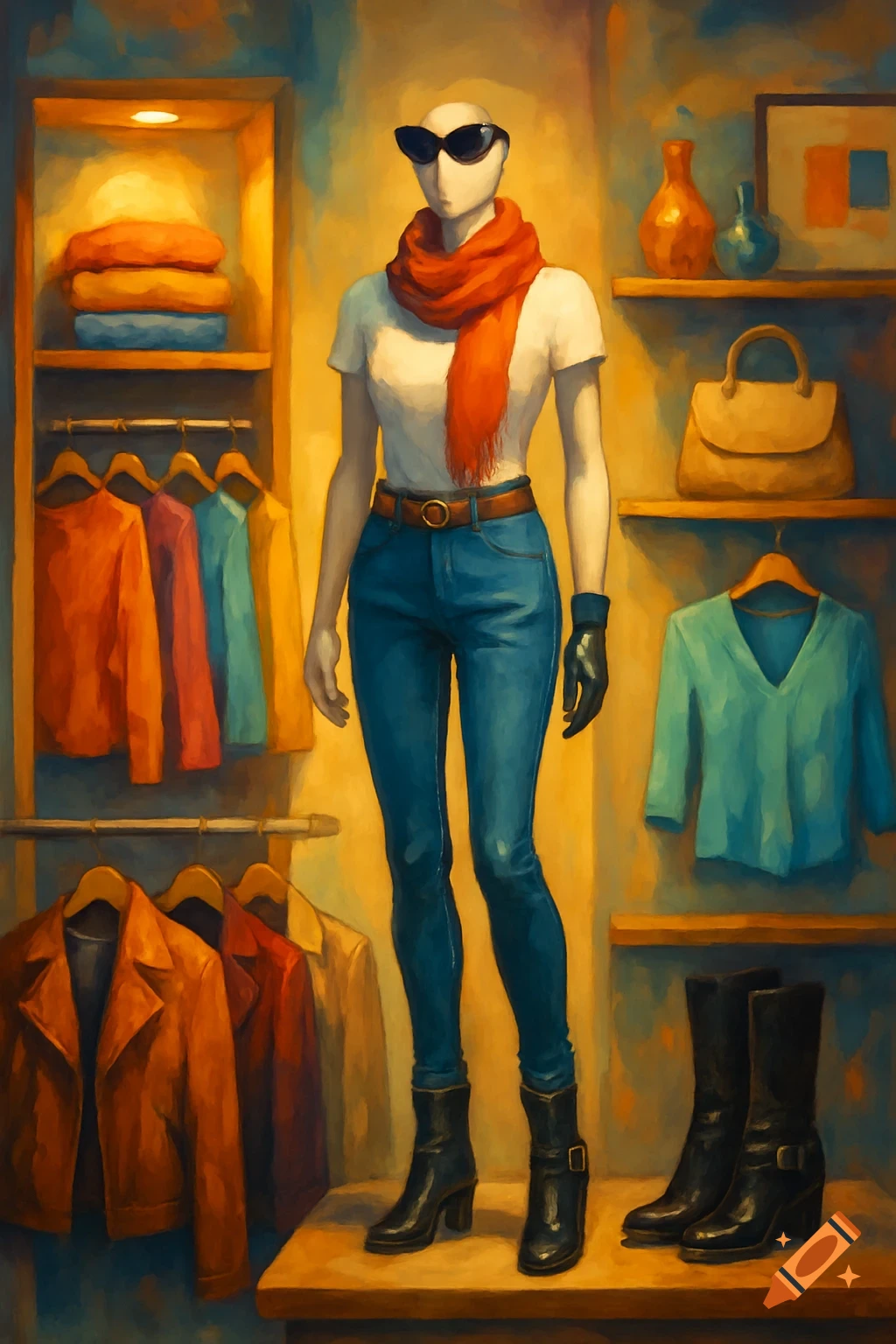 A painterly image of a mannequin wearing a white t-shirt, blue jeans, orange scarf, sunglasses, and black boots, standing in a clothing display with shelves and racks.