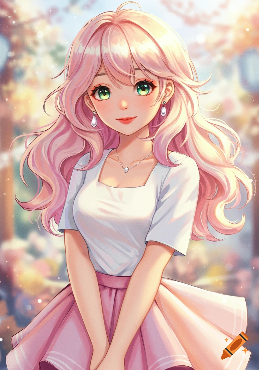 Anime girl with long pink hair and green eyes, smiling in a white top, pink skirt, and pearl earrings, against a soft, bright background.
