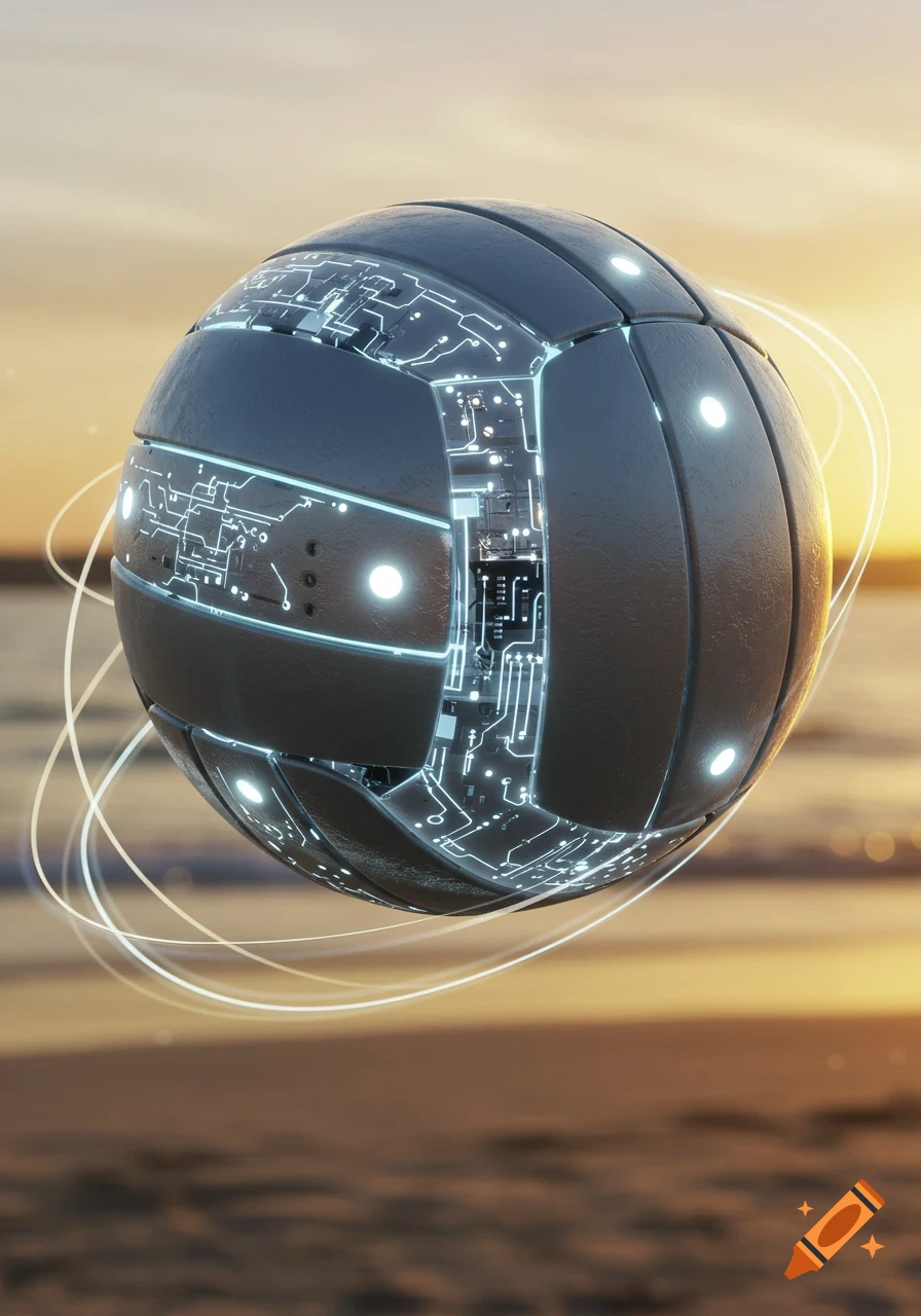 A futuristic volleyball with internal glowing circuits and bright lights, hovering above a blurry beach at sunset.