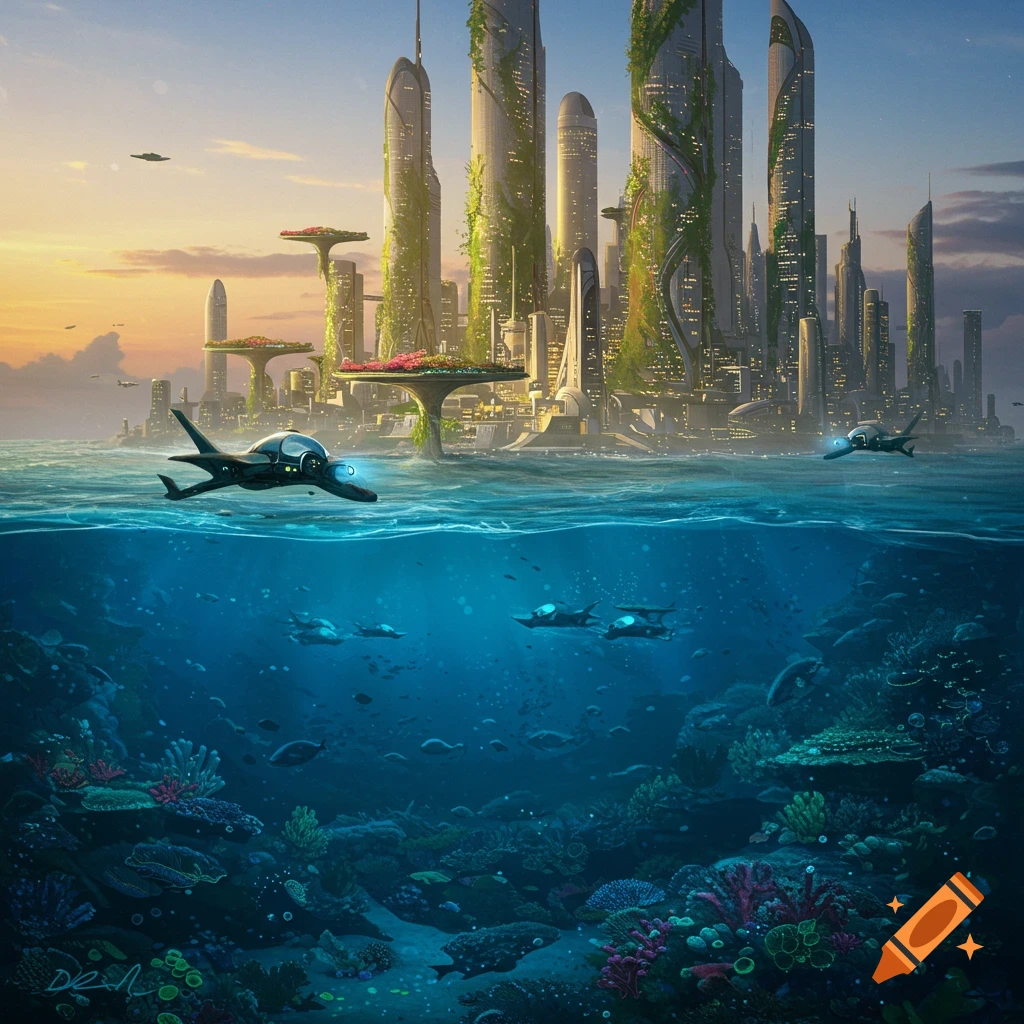 A split view of a futuristic city with green buildings above the ocean surface and submersibles exploring a vibrant coral reef below.