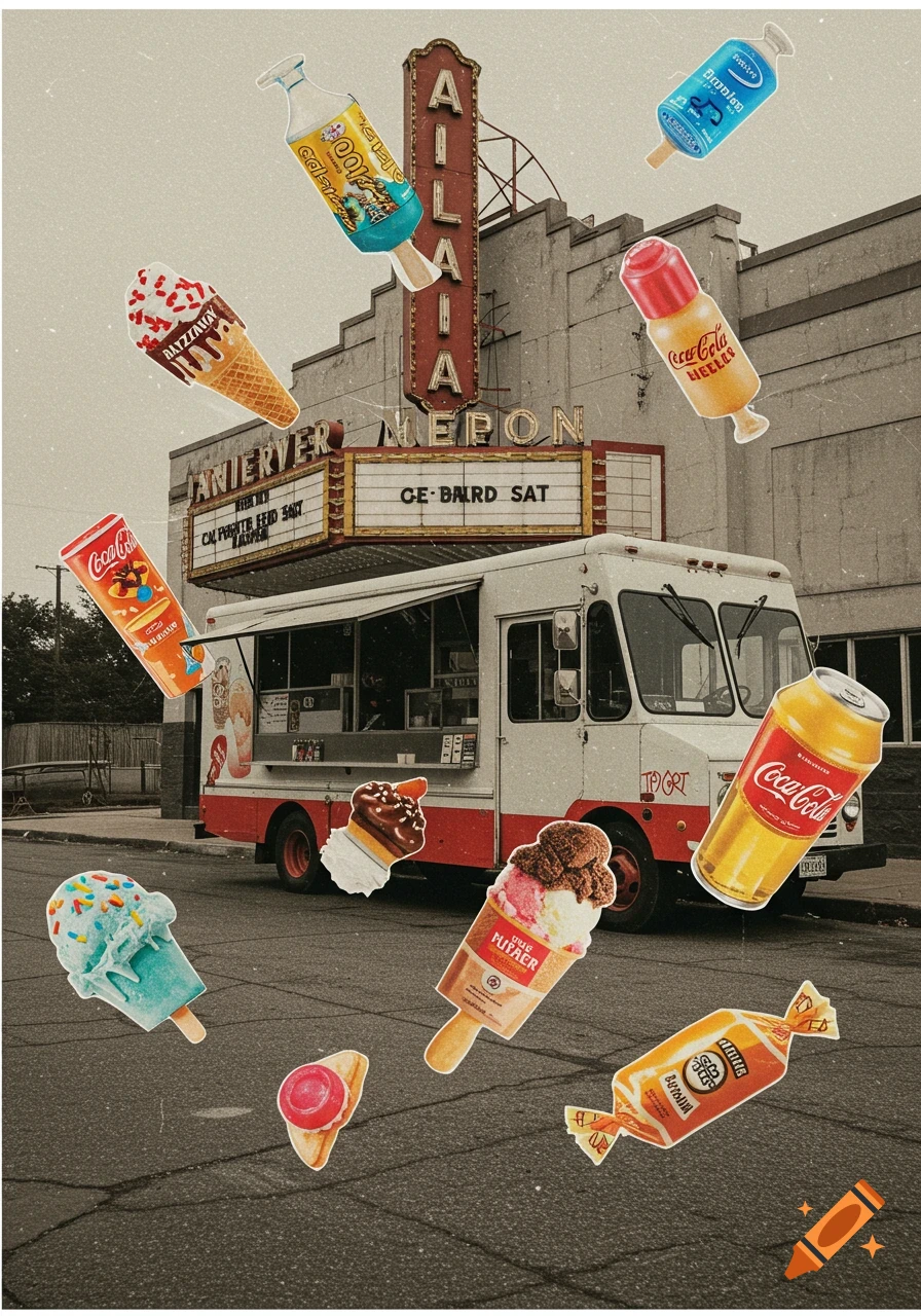 A vintage-style photo collage featuring an old movie theater and a food truck, with various ice cream treats, drinks, and candies floating around them.