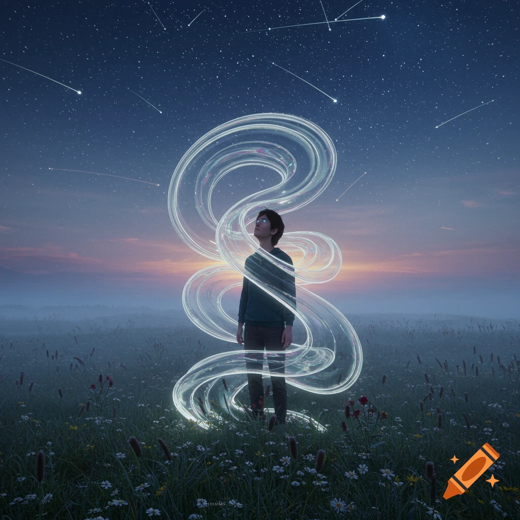 A person stands in a field at dusk, looking up at a starry sky with shooting stars, ethereal glowing light trails swirling around them.