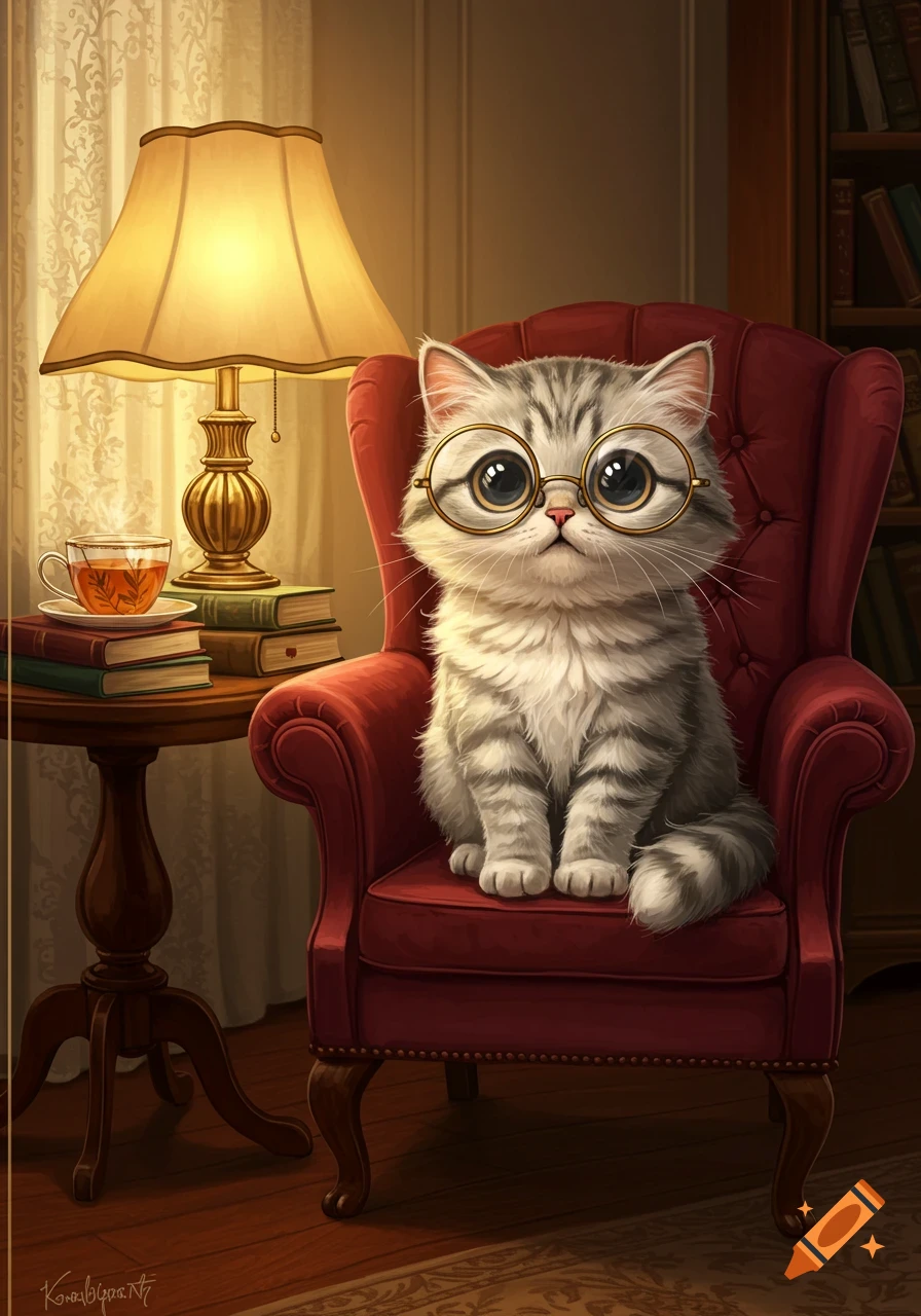 A cute, fluffy gray tabby cat wearing round gold glasses sits in a red armchair next to a lamp and books in a cozy room, digital illustration.