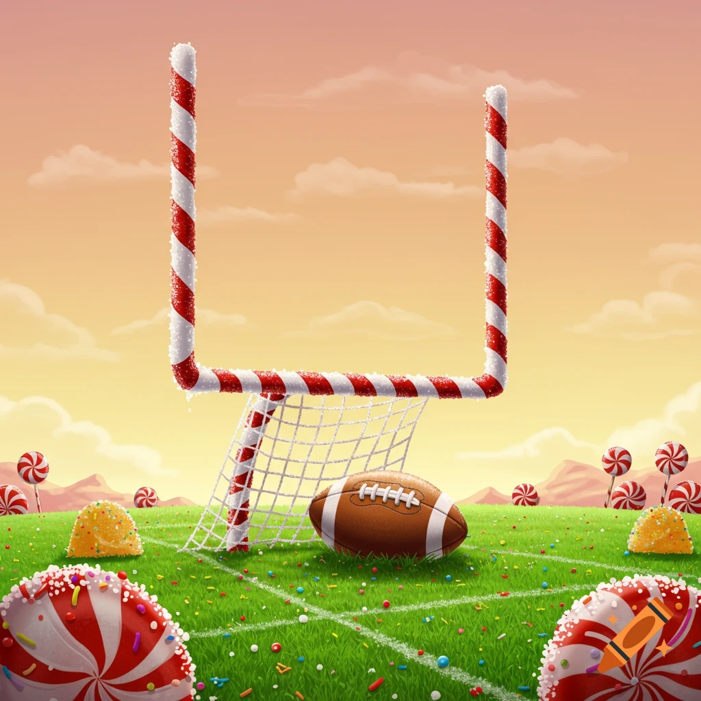 An illustration of a whimsical football field with candy cane goal posts, a football, and various candies on green grass under a peach-colored sky.