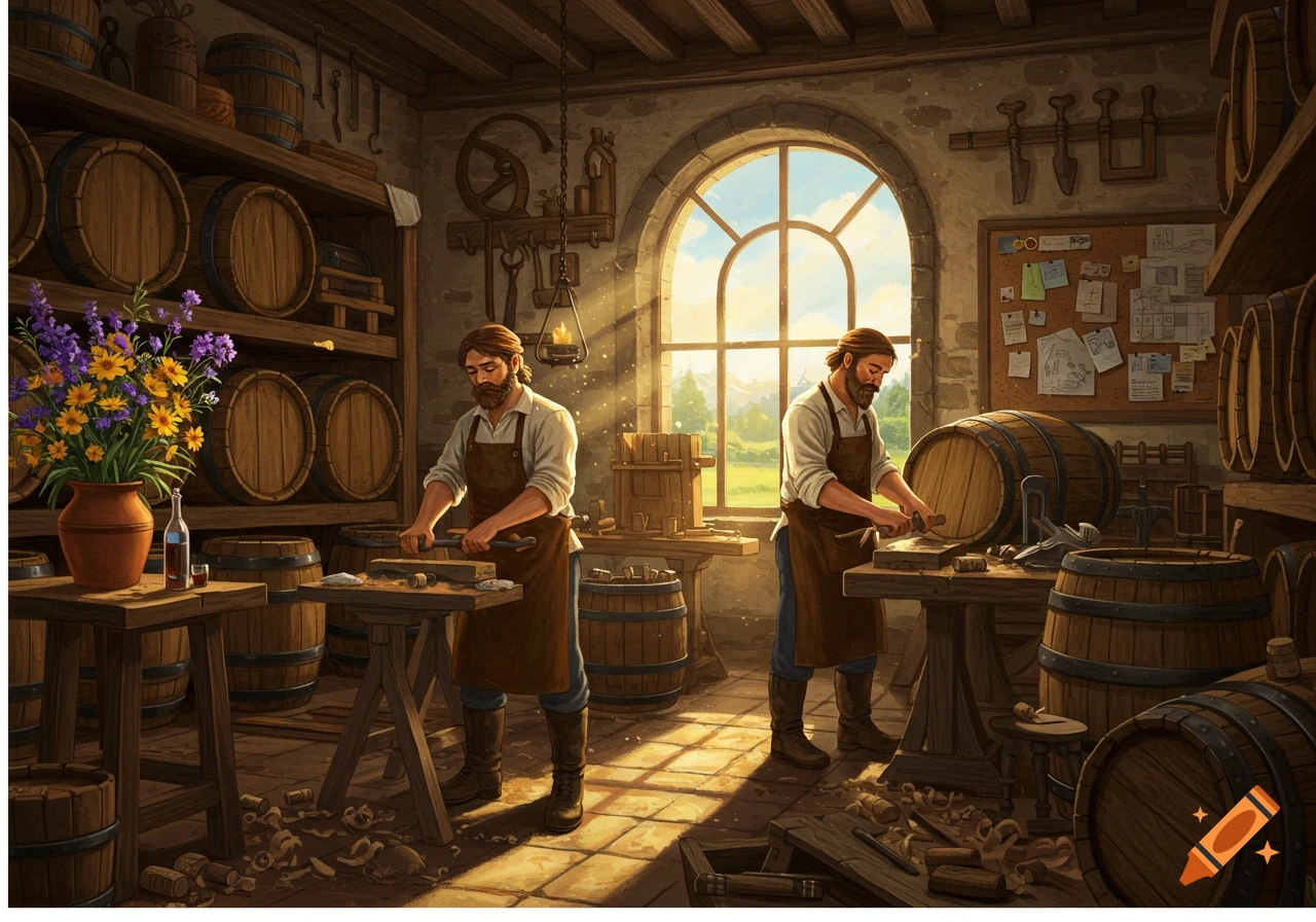 Two men in a sunlit wooden workshop, wearing aprons, crafting barrels amidst stacked barrels and tools, with a vase of flowers.