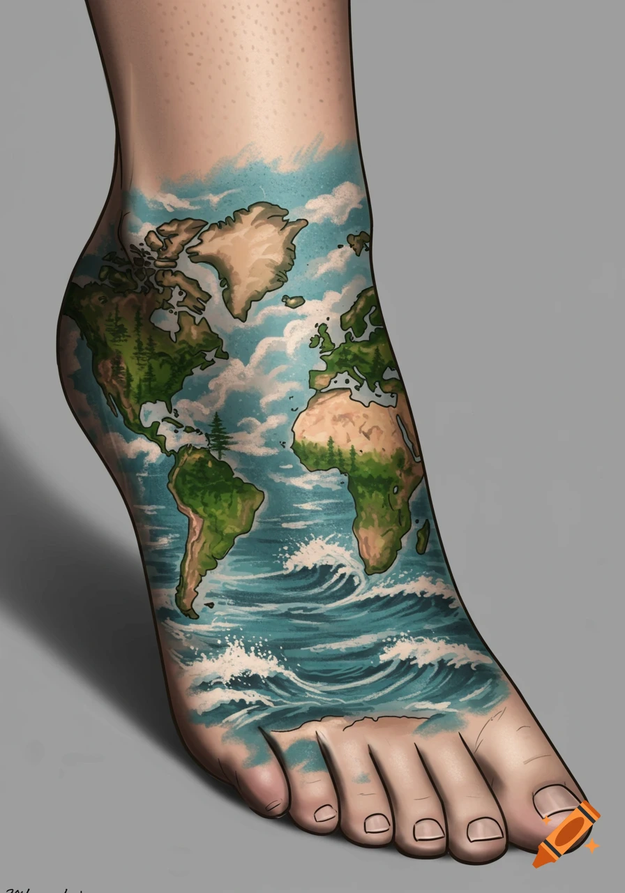 An illustration of a human foot with a colorful world map tattoo, showing continents, oceans, and clouds.