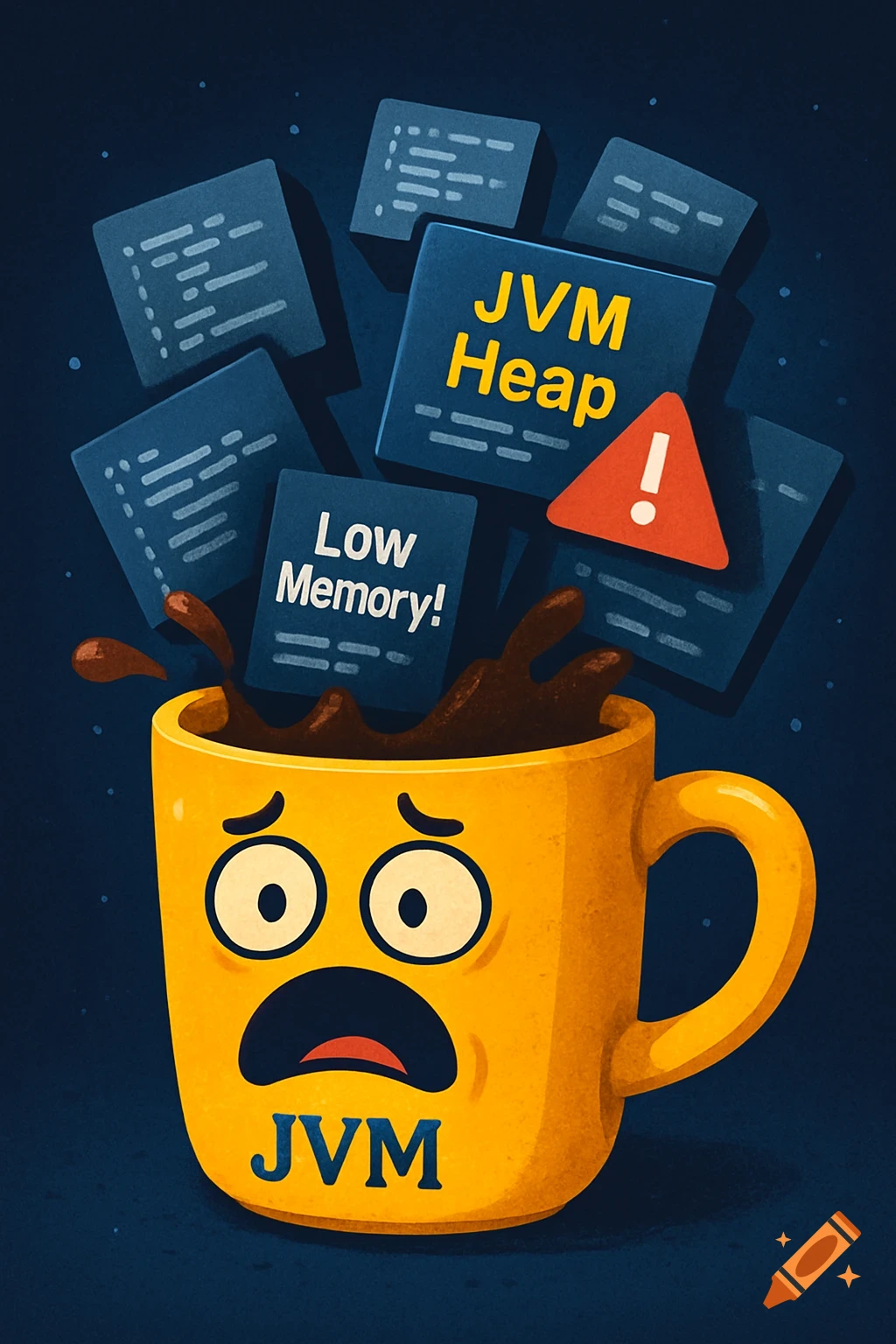 A cartoon yellow coffee cup with a panicked face spills coffee as blue blocks labeled "JVM Heap" and "Low Memory!" fly out, against a dark blue background.