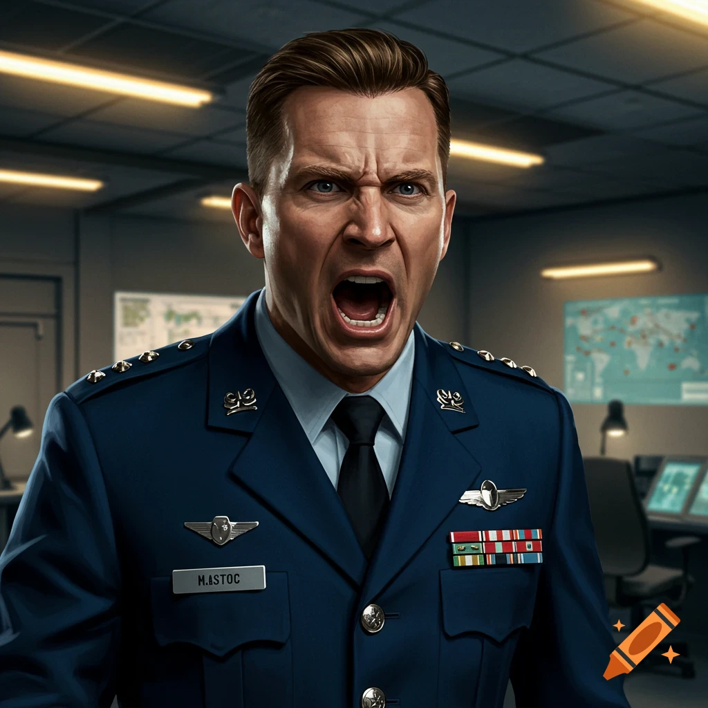 A close-up, photorealistic portrait of an angry man in a blue military uniform, yelling, in an office setting.