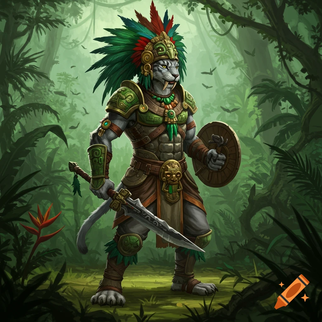A white sabertooth-like humanoid warrior in Aztec-themed green and brown armor, holding a sword and shield in a vibrant jungle.