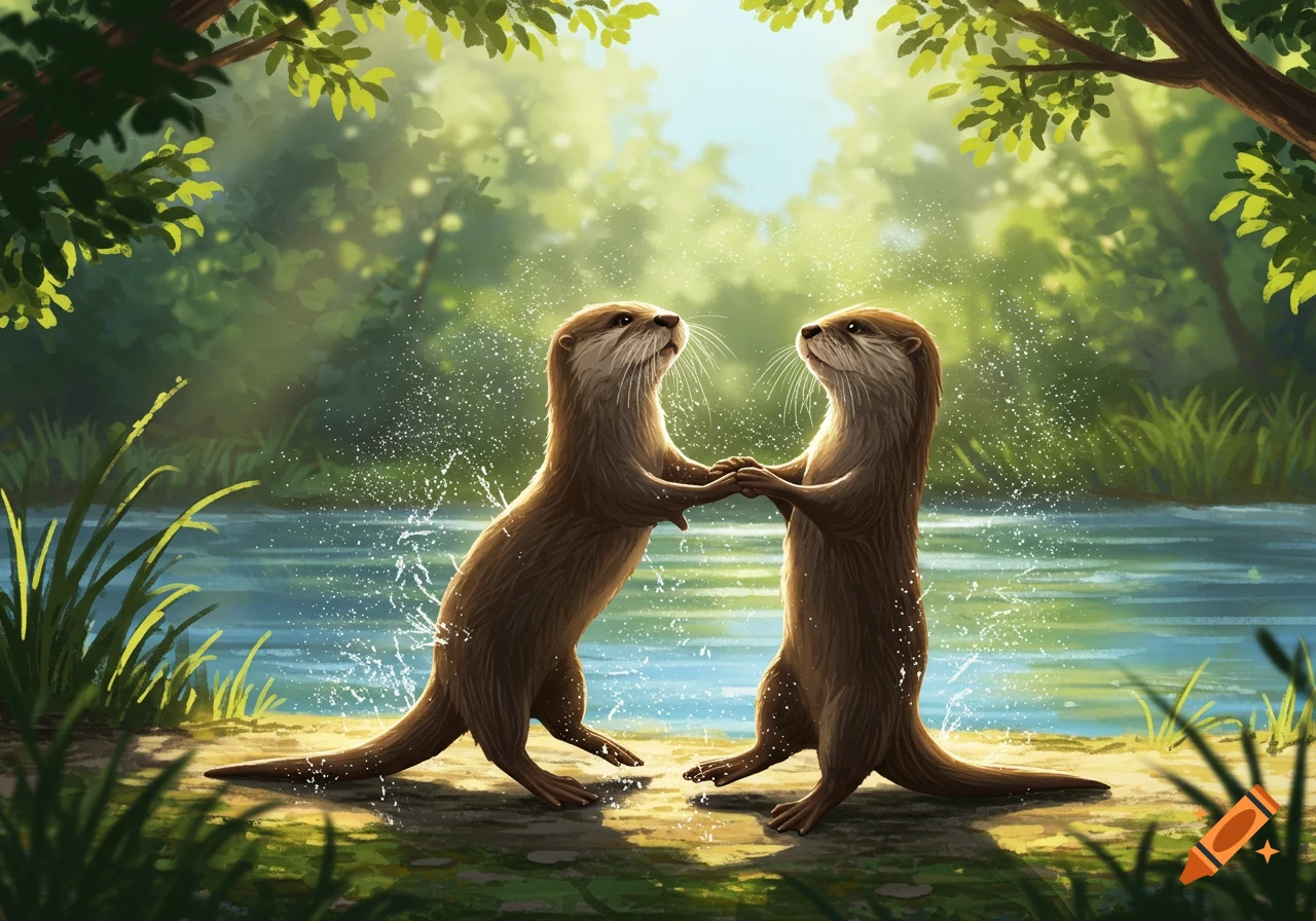 Two brown otters stand on their hind legs, holding paws and appearing to dance in a sunlit forest next to a river. Water splashes around them.