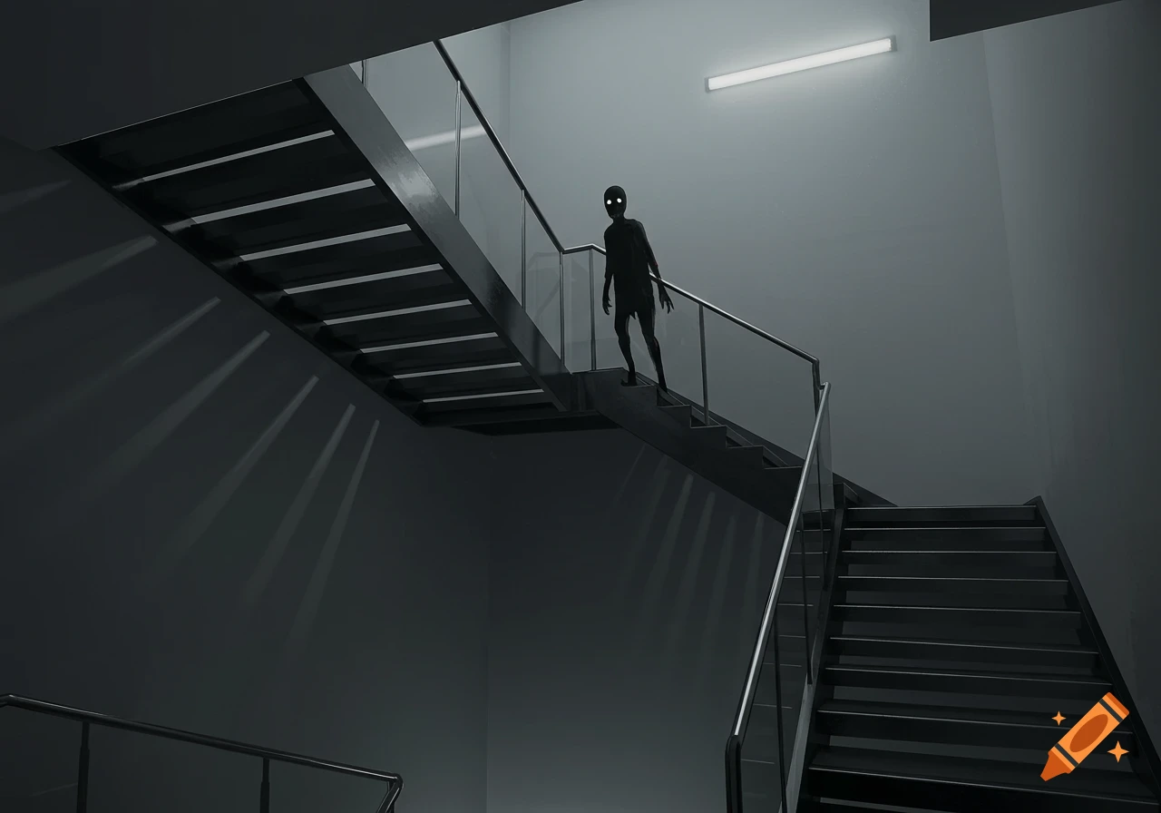 A shadowy, ghoul-like figure with glowing eyes stands on a minimalist modern stairwell, bathed in eerie light from above.