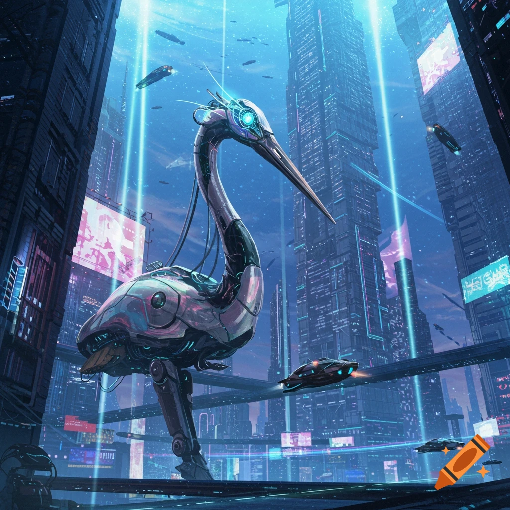 A large metallic robotic crane-like bird stands on a platform in a futuristic cityscape with tall glowing skyscrapers and flying vehicles.