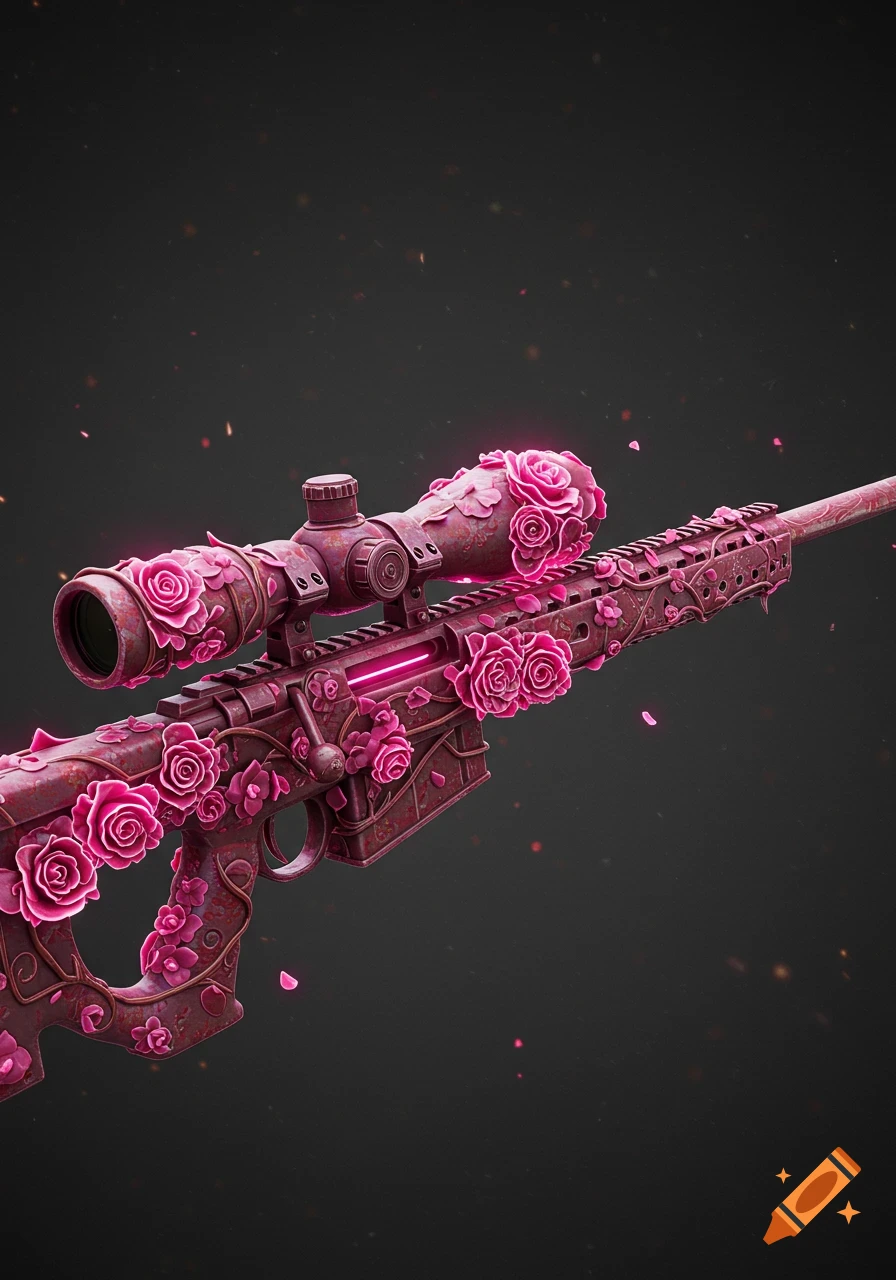 An ultra-detailed sniper rifle covered in intricate glowing pink roses, vines, and floral engravings, set against a dark, neutral background.
