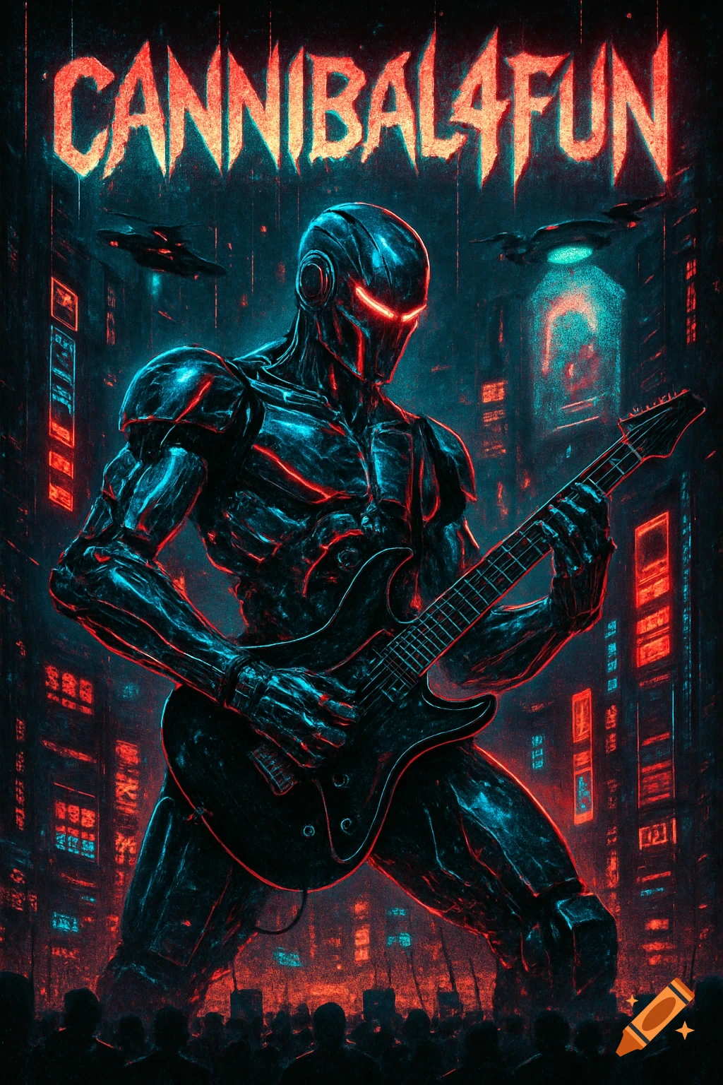 A cyberpunk robot with red glowing eyes plays an electric guitar on a stage in a neon-lit futuristic city, a heavy metal concert poster.