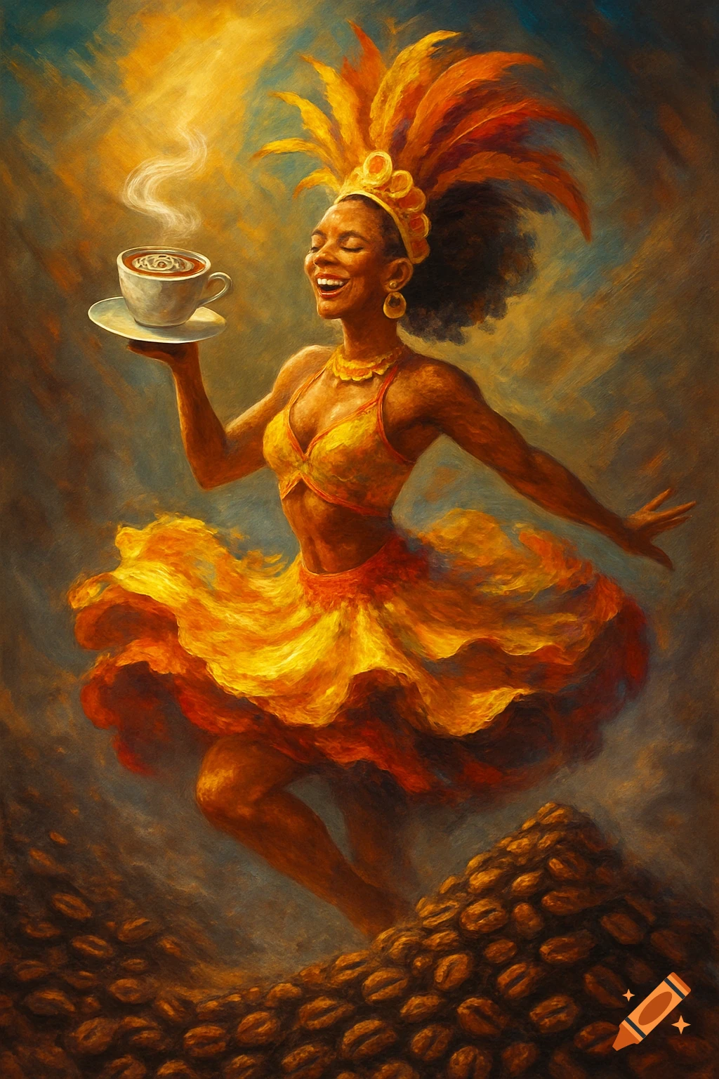 Painterly image of a joyful samba dancer in a yellow-orange costume, holding steaming coffee, dancing on coffee beans.