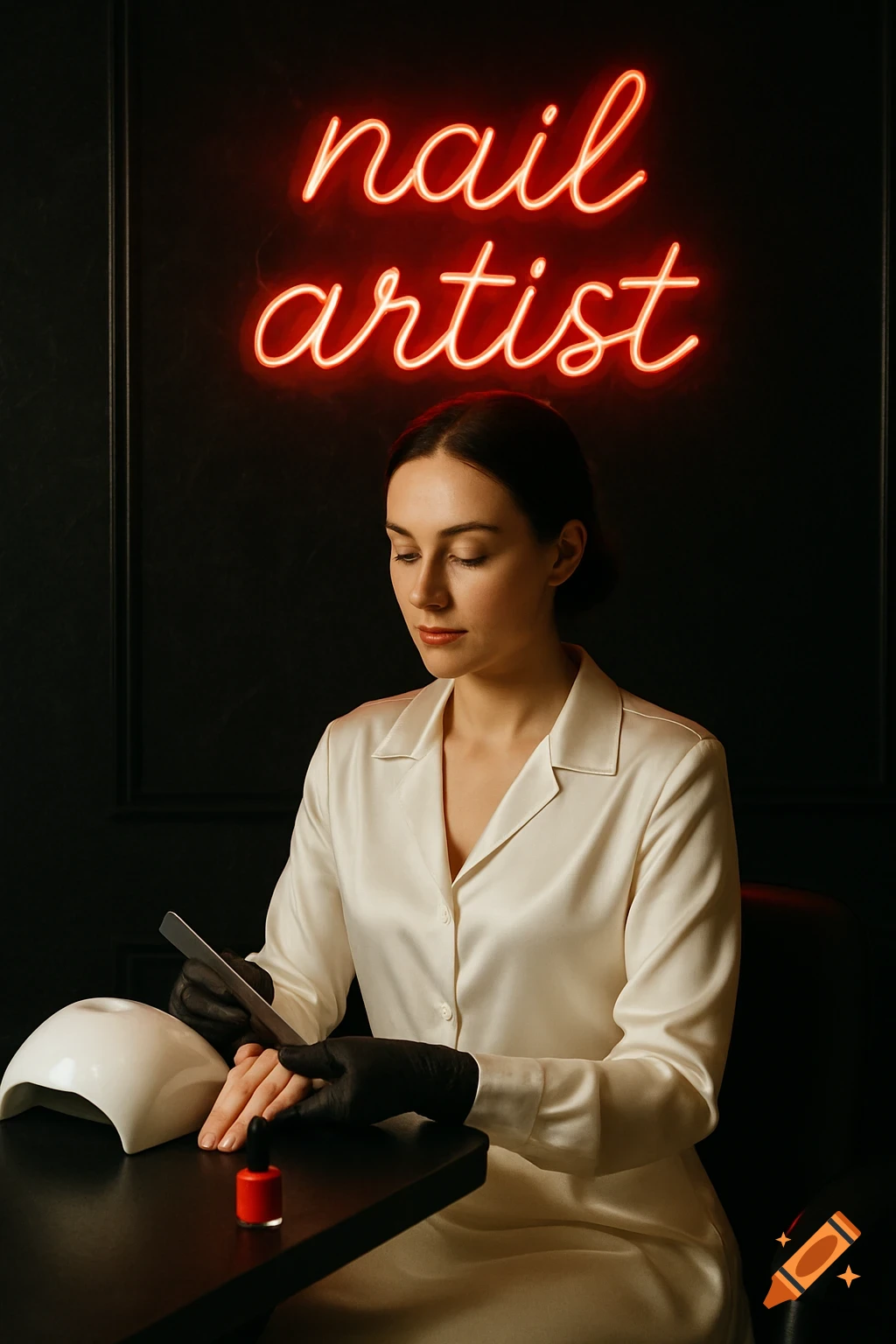 A woman with dark hair in a white satin shirt and long dress files her nails at a black table, with a red nail polish bottle. A red neon sign above reads "nail artist".