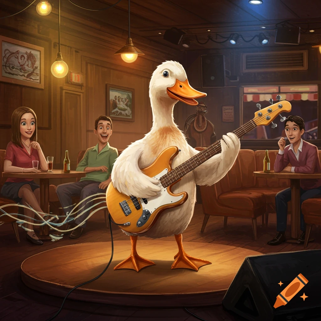 A cartoon duck plays a bass guitar on stage in a dimly lit bar, with people watching from tables.