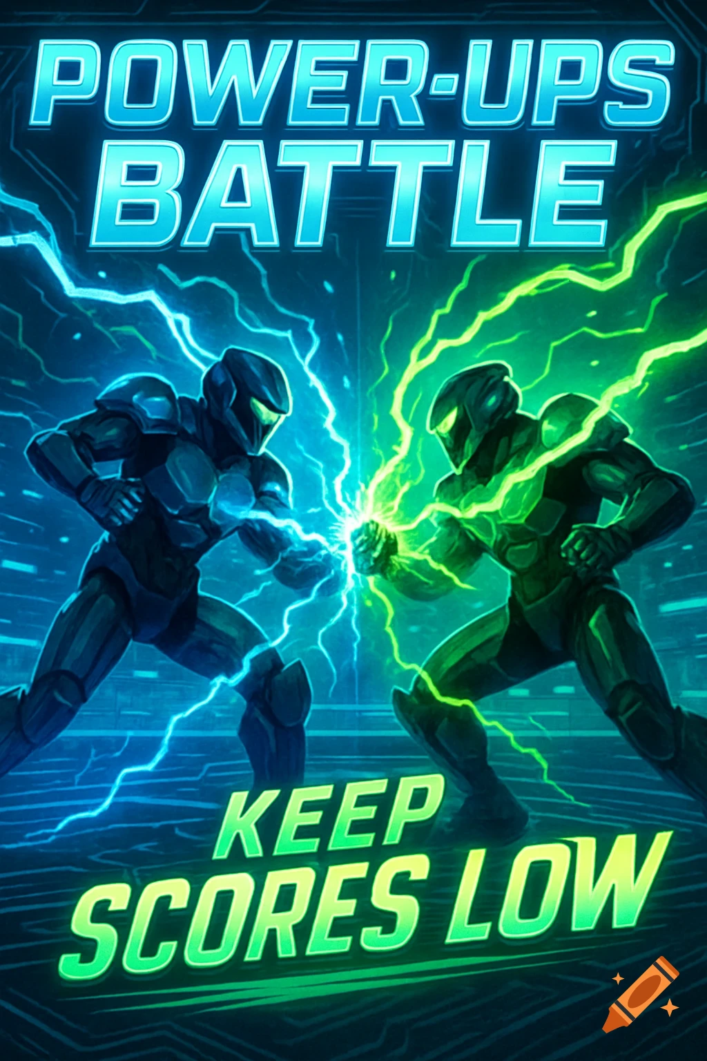 A poster depicting two armored sci-fi figures, one blue and one green, clashing with lightning, under the text 'POWER-UPS BATTLE' and 'KEEP SCORES LOW'.