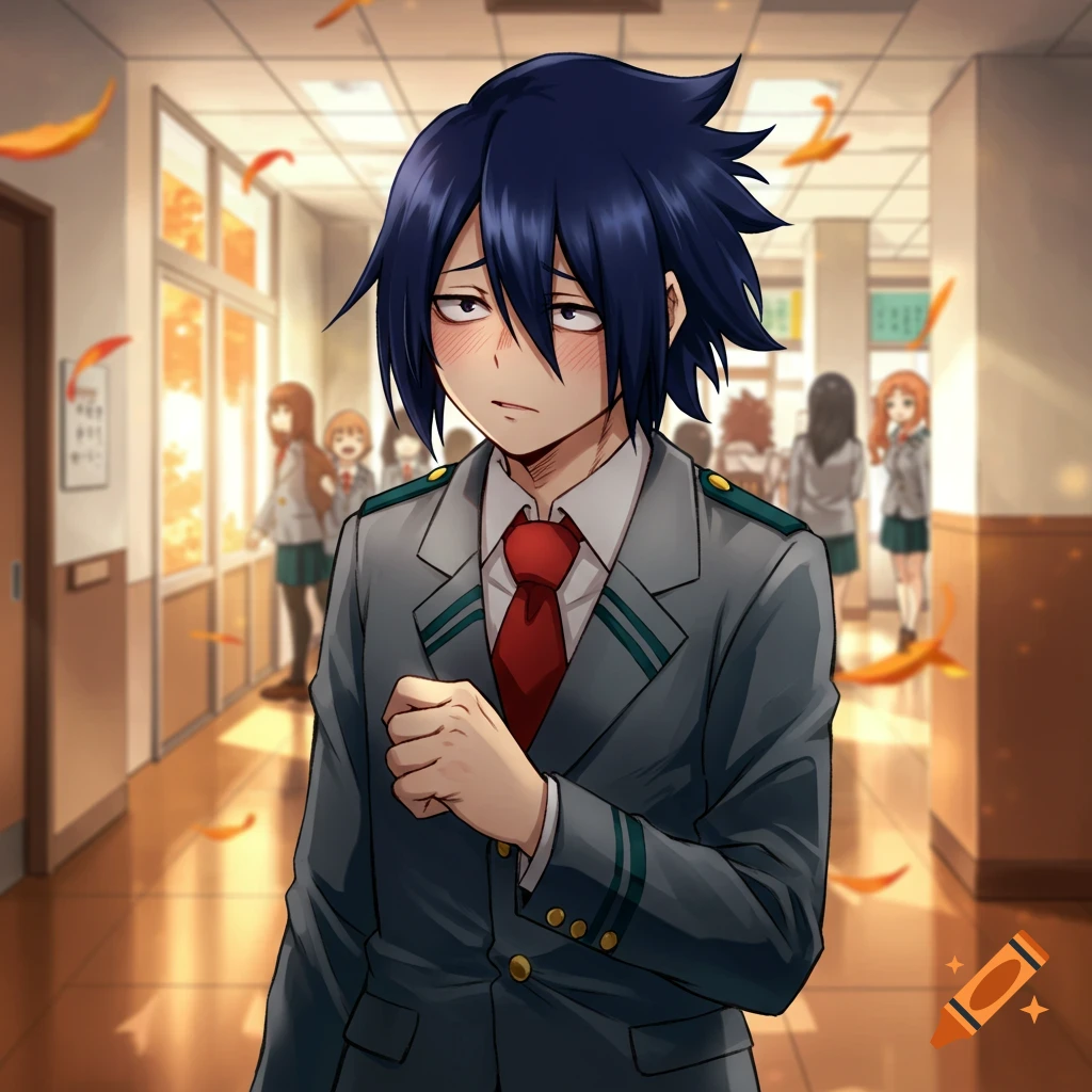 Anime illustration of a shy Tamaki Amajiki blushing in a school hallway with autumn leaves.