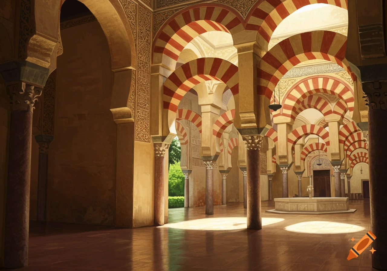 Grand interior hall of a mosque-cathedral with red and white striped arches, ornate columns, and sunlit tiled floors.