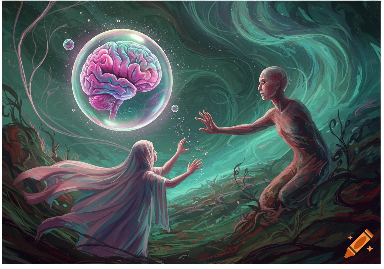 Stylized figures reach for a glowing brain in a bubble, within a mystical landscape of swirling teal and pink, digital art.