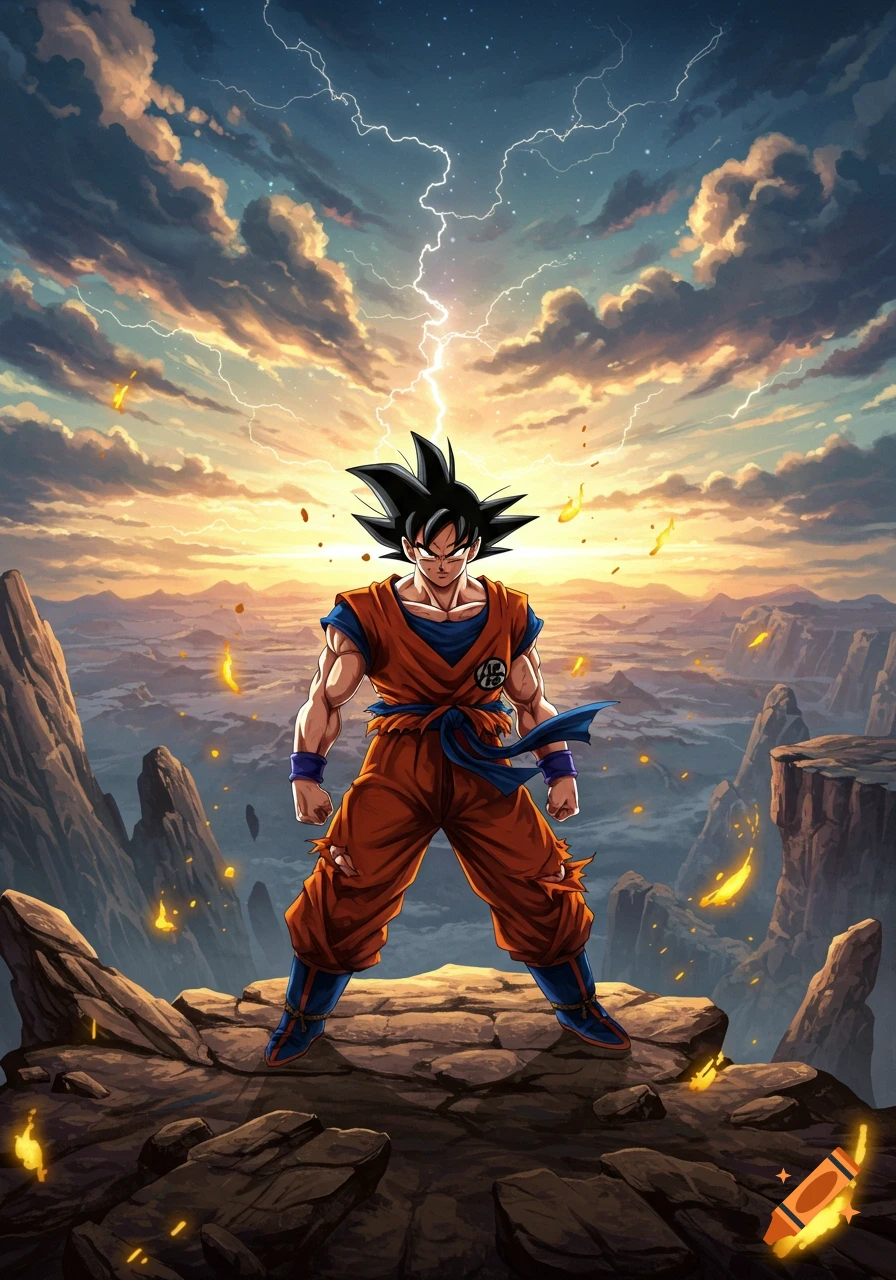 Goku stands powerfully on a rocky mountain peak against a dramatic sunset, stormy clouds, and lightning in an anime style.