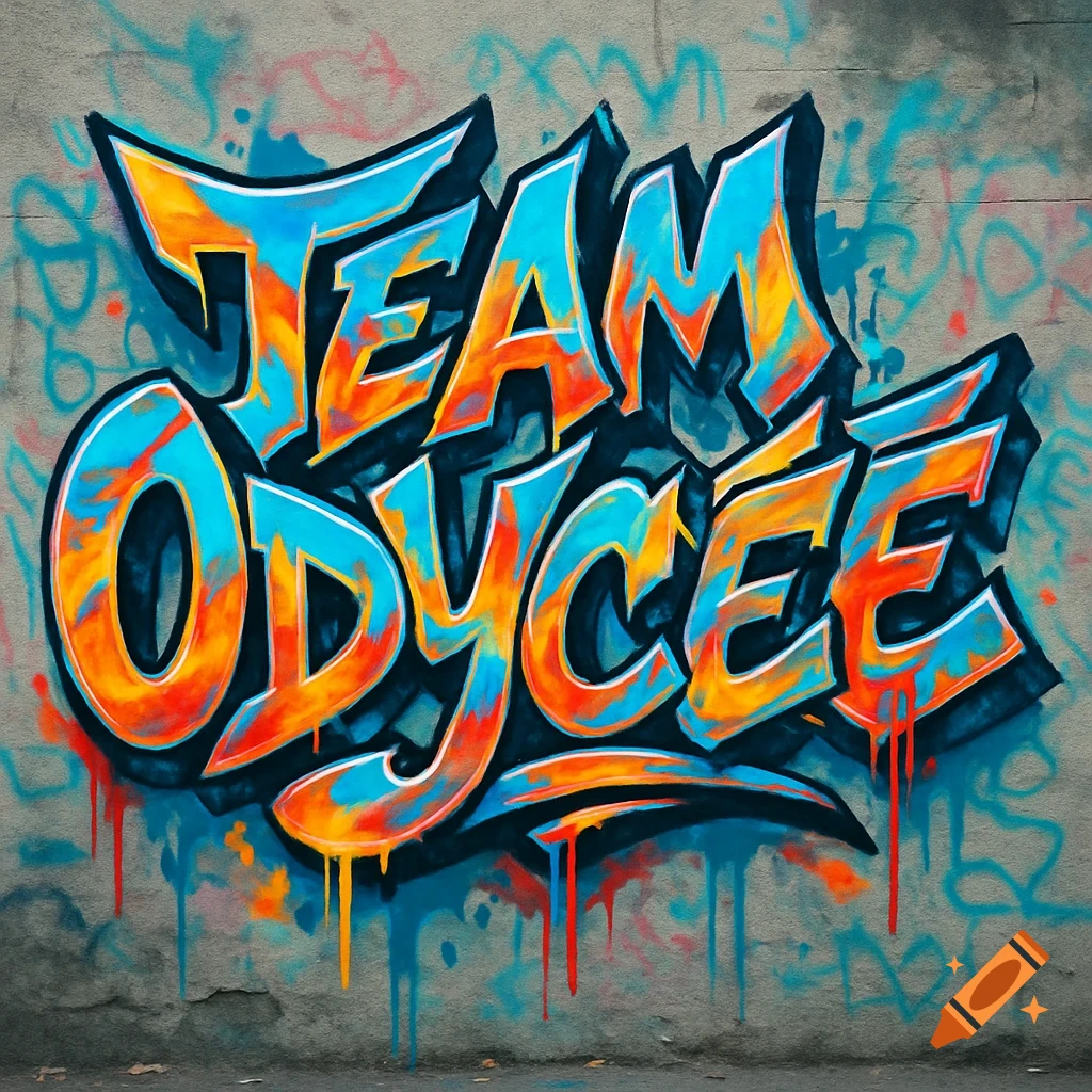 Graffiti of 'TEAM ODYCEE' in vibrant blue and orange letters on a concrete wall with dripping paint effects.