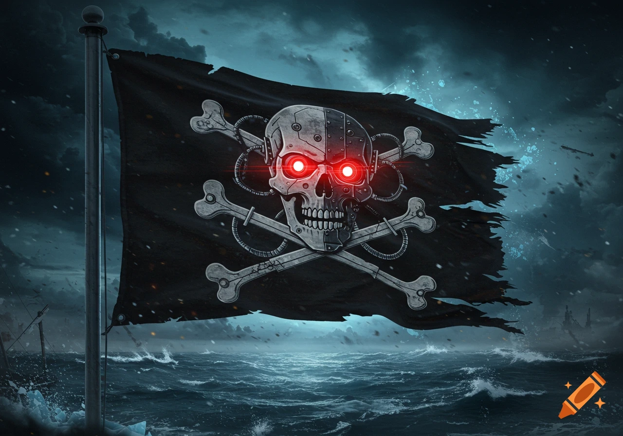 A green pirate flag with a black skull and crossbones flies against a dark  blue sky. on Craiyon, image size:1280x896