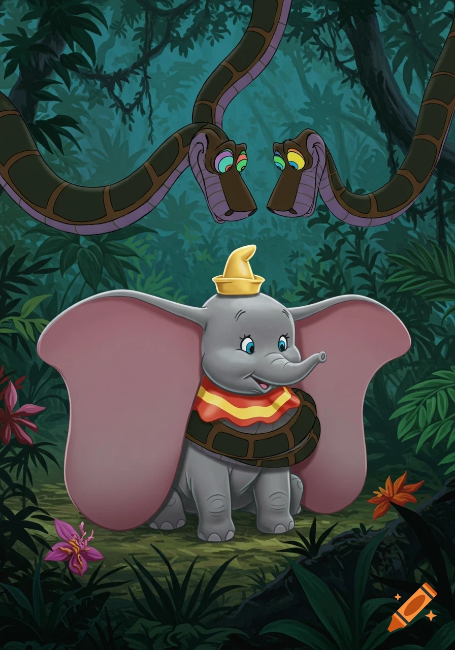 Dumbo, the baby elephant, wrapped in Kaa's coils in a lush cartoon jungle.