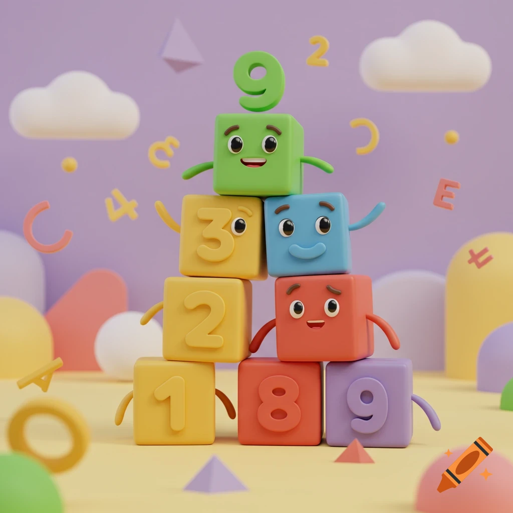 Colorful, smiling number blocks stacked in a pyramid, with numbers 1, 2, 3, 8, 9, against a pastel background with floating letters and shapes.