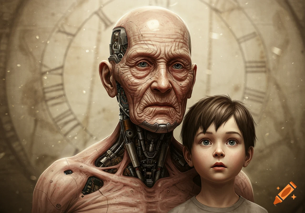 Detailed portrait of a bald, wrinkled old cyborg man beside a young boy, with a faint clock face in the background.