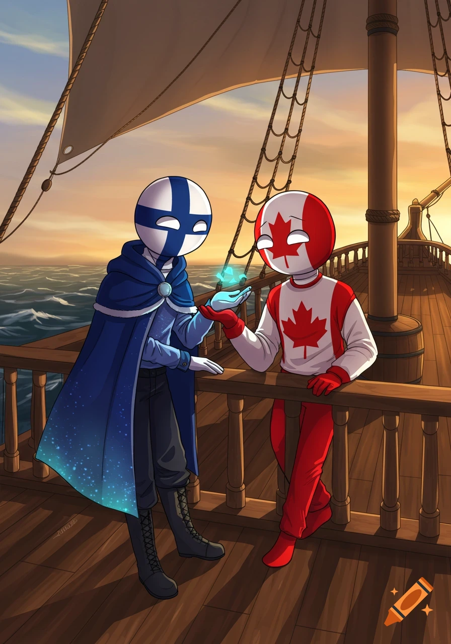 Finland and Canada "Country Humans" characters on a ship at sunset, Finland holding a glowing blue orb.